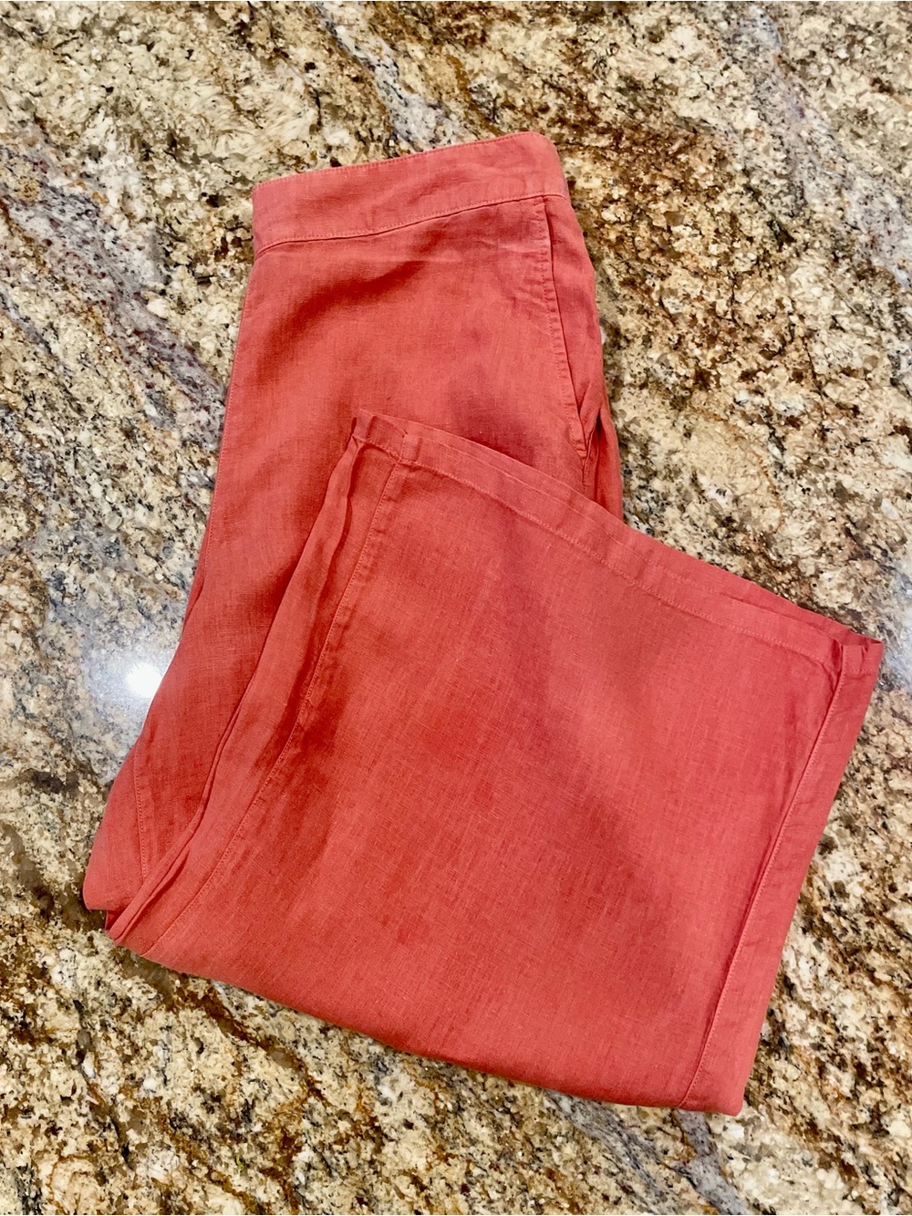 Tahari 100% Linen Coral Orange Wide Leg Crop Pants Elastic Back Waist Size L - Picture 3 of 9